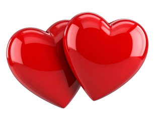 Two Shiny Red Hearts Overlapping, Valentine’s Day Love Symbol, Isolated on Transparent Background