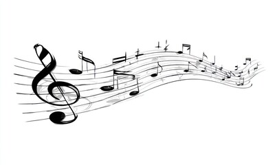 Black music notes floating on wavy lines, with a prominent treble clef, set against a stark white background