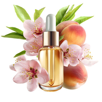 Peach blossom and beauty serum bottle for skincare, natural cosmetics ad concept