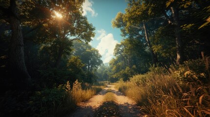 Obraz premium Sunlight filters through a dense forest, illuminating a pathway through lush greenery.