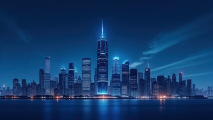 A nighttime cityscape panorama showcases a metropolis's illuminated skyscrapers reflecting on the tranquil water's surface, bathed in a cool, deep blue hue.