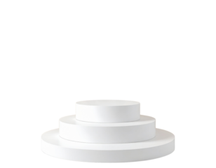  Three-Tiered White Podium with Elegant Gold Curtain Backdrop, Isolated