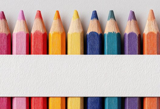 Row of sharpened colored pencils arranged on a textured white background