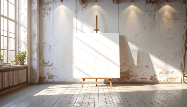 Empty canvas on easel in a sunlit industrial loft