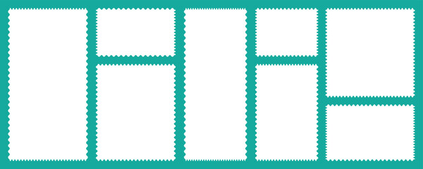 Set of frames with zigzag edge, scallop edge shapes. Geometric shapes with scallop and zigzag edges set. Postage stamp set. Wavy edge frame or shape.