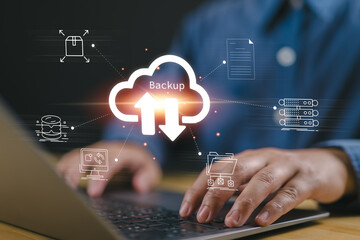 A person interacting with a Backup Interface virtual cloud network data security system internet...