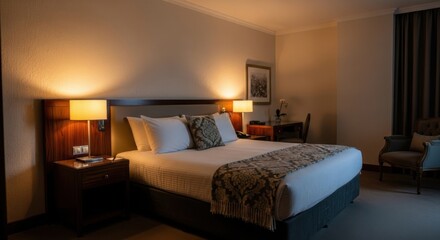 Modern Hotel Bedroom with Soft Lighting and Elegant Decor