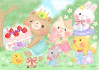 お誕生日ケーキとプレゼントを届ける動物たち_くま ねこ きつね うさぎ