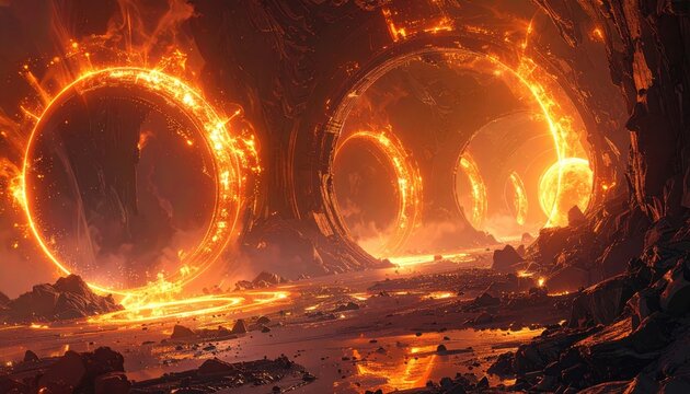 Fiery rings illuminate a volcanic, otherworldly landscape.