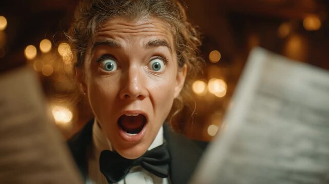 Surprised Young Man in Formal Attire Holding Music Sheets with Astonished Expression in Elegant Indoor Setting