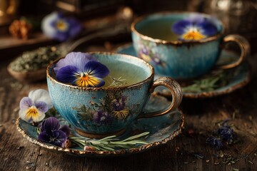 Two blue tea cups with pansy flowers and herbs