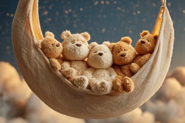 Four teddy bears snoozing in a crescent moon hammock