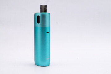 Teal Vape Pen on White Background, Close-Up of Electronic Cigarette Device.