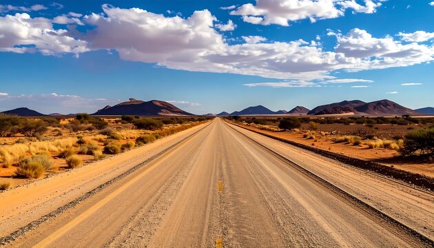 Empty desert road under a vast blue sky