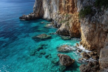 Fototapeta premium Turquoise Sea Meets Rocky Cliffs, Coastal Landscape View