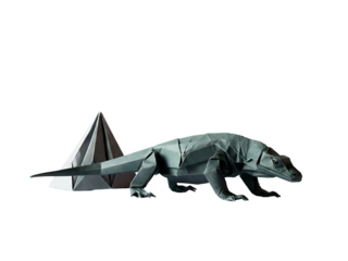 Intricately designed geometric Komodo dragon sculpture, crafted with a modern origami aesthetic, showcasing a powerful reptile in a unique abstract art form