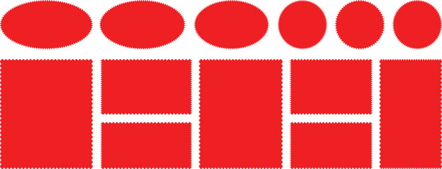 Zig zag edge rectangle, circle shape. Silhouette stickers circle, square, oval and rectangle labels. Jagged rectangular shape box element set with zigzag edges