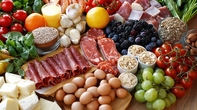 A variety of fresh fruits and vegetables arranged on a wooden cutting board, with a mix of colors and textures.