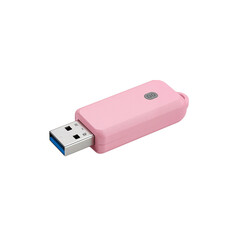 Pink usb storage drive with integrated security features against a dark background