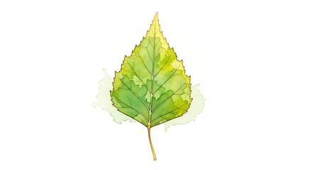 Fototapeta premium A delicate, vibrant green birch leaf, rendered with watercolor-like splashes of light, showcases a beautiful autumnal color palette against a plain white background.