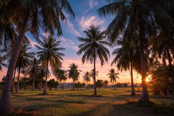 Fototapeta premium Palm trees at sunset over a field