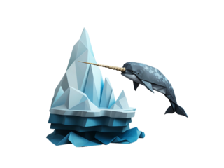 Artistic illustration of a narwhal leaping from an iceberg, a whimsical scene