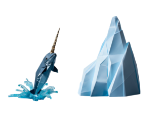A papercraft narwhal with a golden tusk leaps from blue water splashes beside a geometric iceberg. Minimalist arctic marine life concept