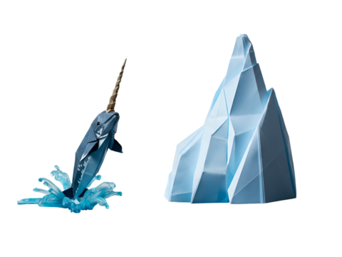 A papercraft narwhal with a golden tusk leaps from blue water splashes beside a geometric iceberg. Minimalist arctic marine life concept