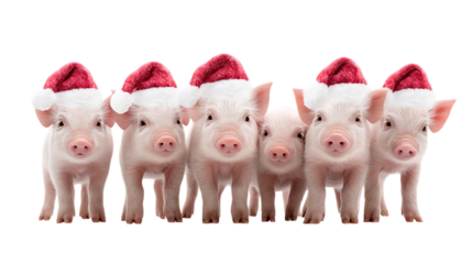 A group of adorable piglets wearing santa hats isolated on transparent background.