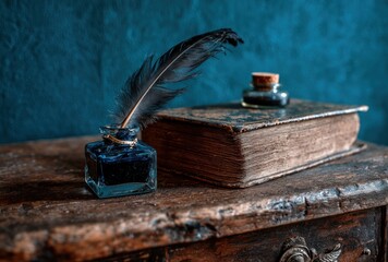 Old leather-bound book, an inkwell filled with dark blue ink, and a feather quill sit atop a distressed wooden surface