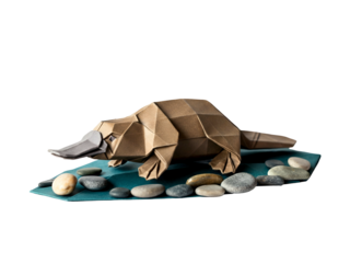 Intricate Origami Platypus Crafted from Brown Paper, Resting on a Bed of Stones, Isolated