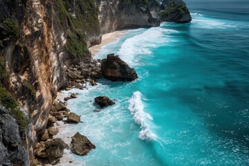 Turquoise Waves Crashing on Rocky Coastline of Nusa Penida, Indonesia