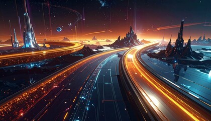 A futuristic cityscape unfolds along a winding highway, illuminated by vibrant orange and teal lights, showcasing a surreal and technologically advanced landscape.