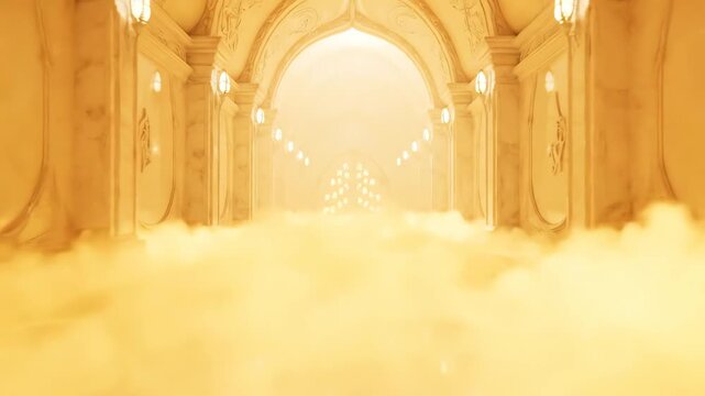 4k video of a long, opulent hallway entrance marble turn golden with arched ceilings and ornate details, filled with a thick, golden fog, creating a mystical atmosphere.