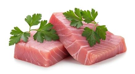 Fresh tuna steaks, garnished with fresh parsley, isolated on white background