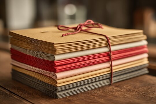 Stack of colorful envelopes tied with red string on a rustic wooden table.