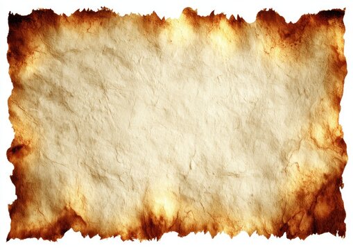 Burned paper with darkened edges; parchment-like texture, centered. Isolated on white background, horizontal orientation