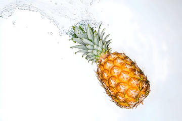 pineapple levitation flying in the middle air on white background with a splash of water