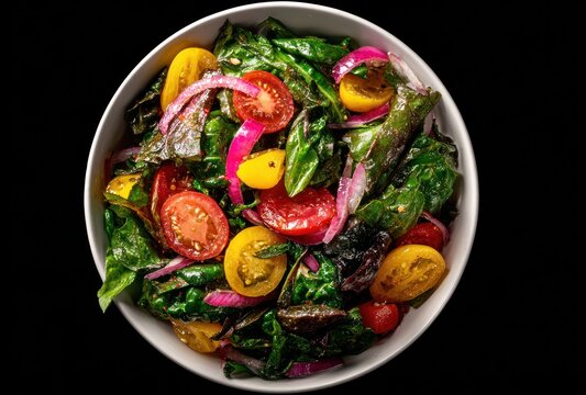 Overhead shot Salad in bowl, featuring vibrant yellow tomatoes, red cherry tomatoes, wilted spinach, and sliced red onions