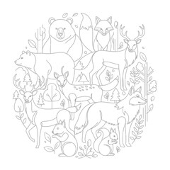 Circular line art illustration featuring a charming collection of woodland animals like bears, deer, foxes, and wolves in a forest setting
