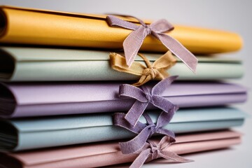 Stack of Rolled Documents Tied with Pastel Ribbons