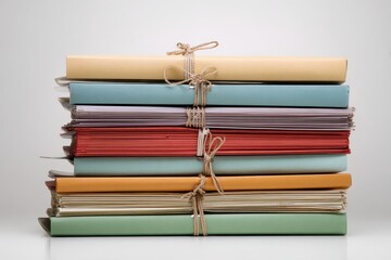 Stacked Files Tied with Twine on White Background