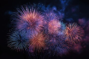 Vibrant fireworks explode in a night sky