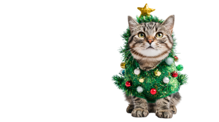 Adorable tabby kitten dressed as a christmas tree isolated on transparent background.