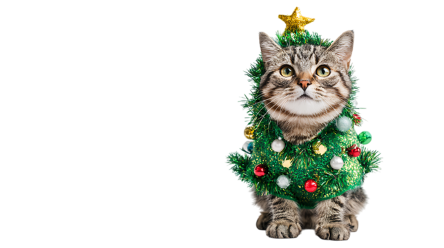 Adorable tabby kitten dressed as a christmas tree isolated on transparent background.