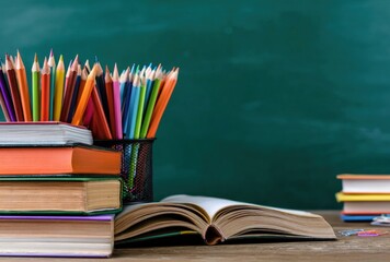 Stacked books, colorful pencils in a holder, and an open book on a wooden surface, against a green chalkboard. Back-to-school aesthetic