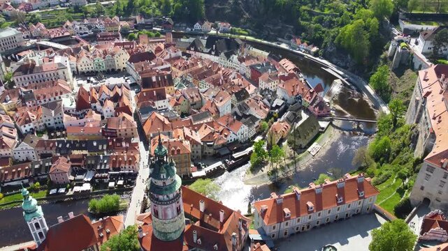 Cesky Krumlov 4K. Drone. Sunny River Stream. Beautiful Czech Republic