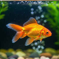 A golden-orange goldfish swimming in a serene aquarium with a natural background.