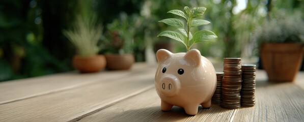 Piggy bank on wood with plant sprouting, and coin stacks, against green blurred background