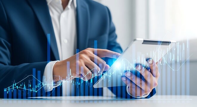 Executive analyzing financial data on tablet with futuristic interface showing stock market trends and investment strategies for business growth